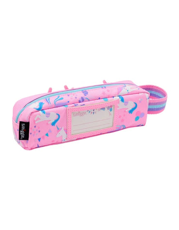Back view of the Smiggle Glide Teeny Tiny Character Pencil Case showing the name label area and unicorn print design.