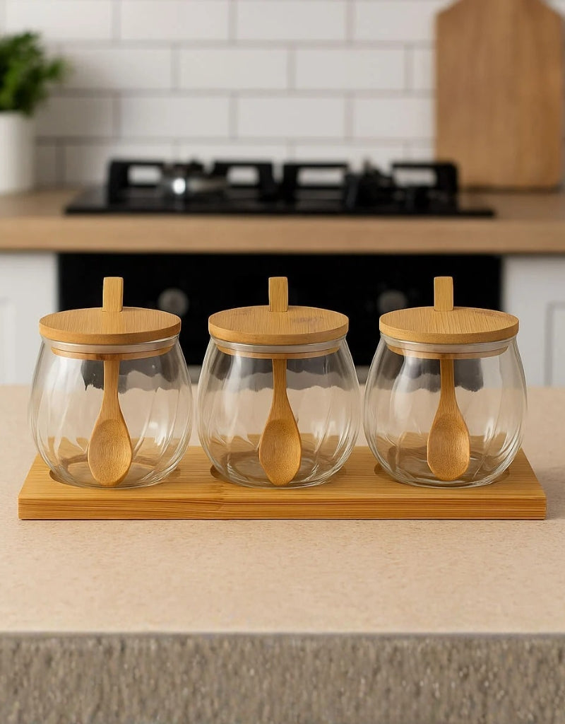 Set of 3 Round Glass and Bamboo Spice Jars