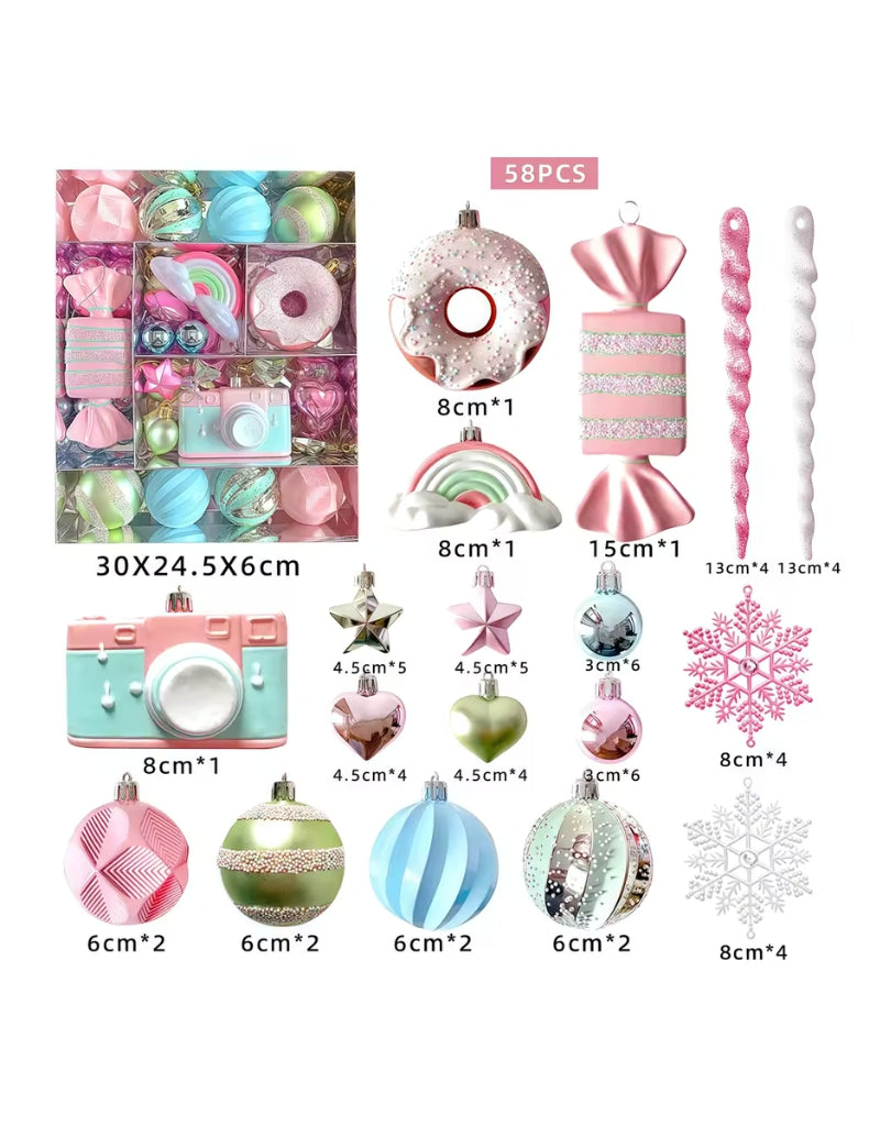 58PCS Christmas Ball Decoration Set Macaroon Shiny Snowflake Christmas Painted Balls