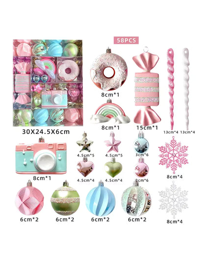 58PCS Christmas Ball Decoration Set Macaroon Shiny Snowflake Christmas Painted Balls