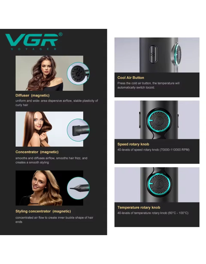 𝗩𝗚𝗥 Hair Dryers Professional Air Blower 110000 RPM Hair Dryer Bldc Motor