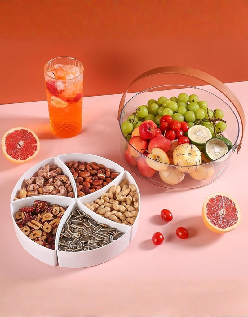 Divided Serving Tray with Lid Handle 5 Compartment Clear Plastic Snack Fruit Platter