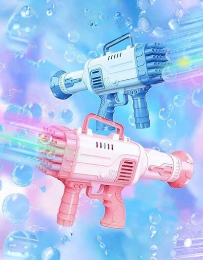 Blue and pink 32 Holes Bubble Gun combo emitting rainbow-colored bubbles
