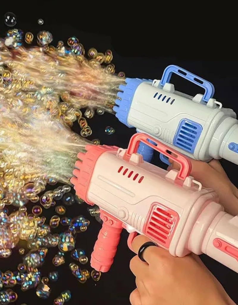 Blue and pink 32 Holes Bubble Guns shooting colorful bubbles simultaneously