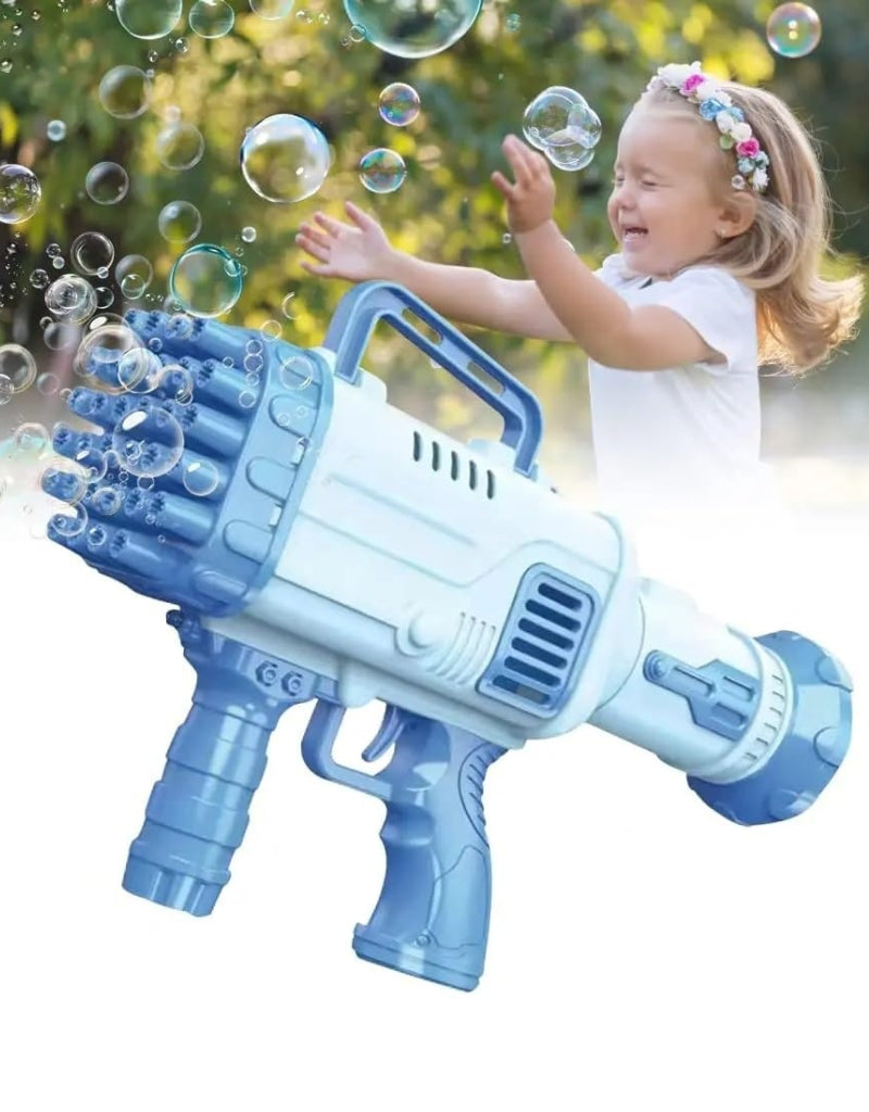 Child playing joyfully with blue 32 Holes Bubble Gun outdoors