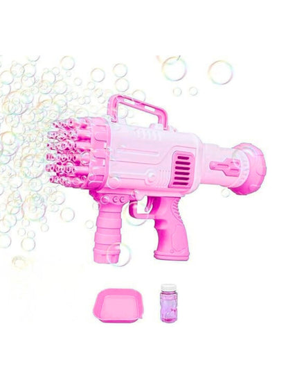 32 Holes Bubble Gun with Solution in pink color creating fun bubble streams