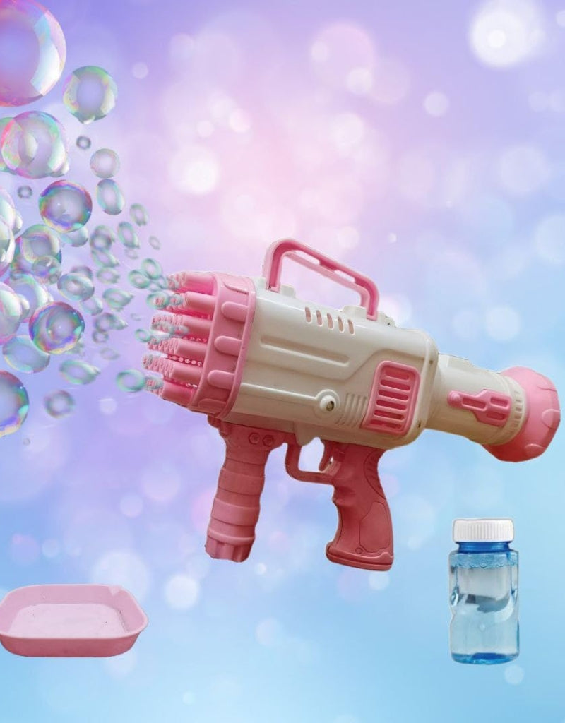 Pink 32 Holes Bubble Gun set with bubble liquid and tray