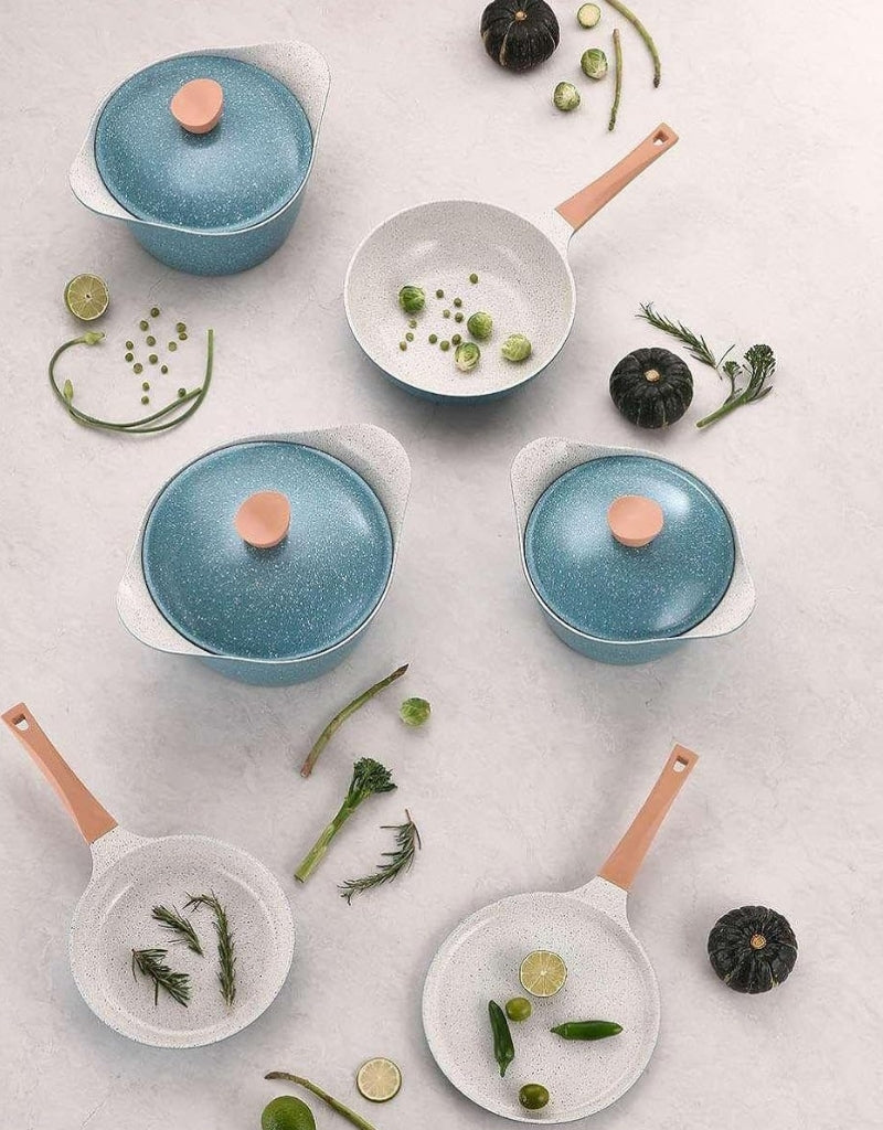 LAHOYA Ceramic Coated Cookware Set 9 PCS Stock Pot Fry Pan Slicon Grip