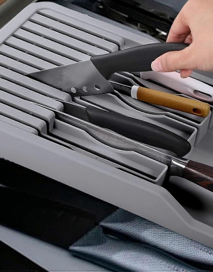 Drawer Knife Block Holder with Expandable Cutlery Tray Kitchen
