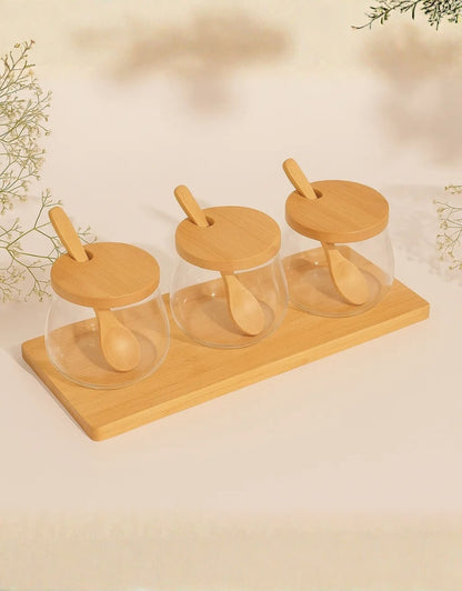 Set of 3 Round Glass and Bamboo Spice Jars