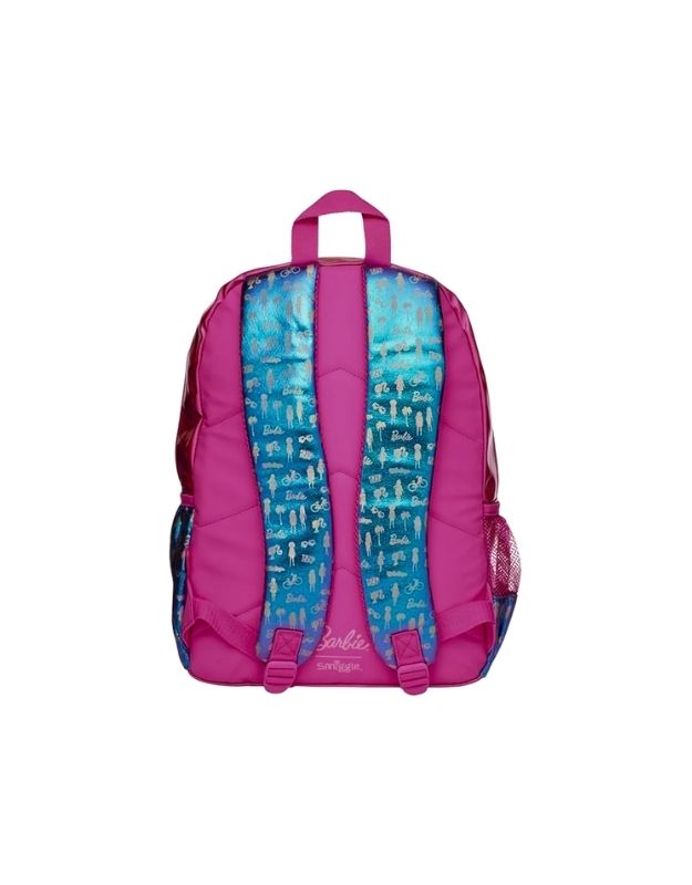 Back view of Smiggle Barbie Large Backpack with padded blue printed straps