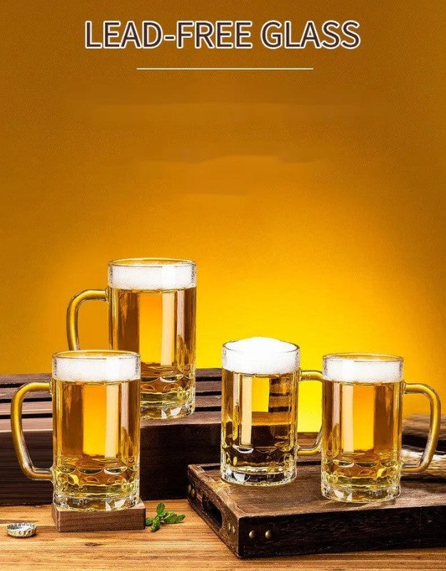 Four glasses of beer on a wooden tray with a yellow background and 'LEAD-FREE GLASS' text.