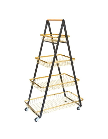 Four-tier black and gold metal storage rack with wheels and baskets on white background.
