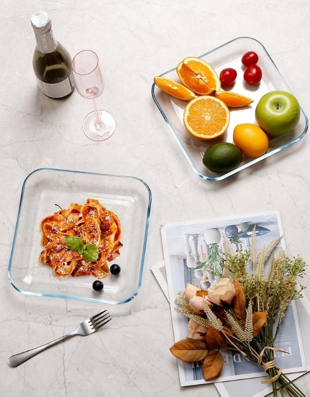 2 Pcs 9" INCH Tempered Glass Pasta Salad Plate Set For Kitchen