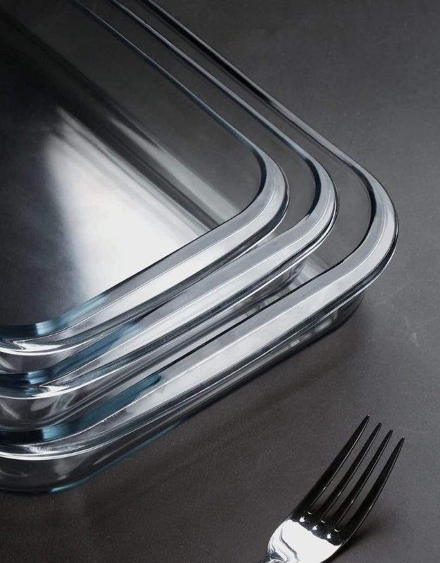 Stack of three Fenix rectangular tempered glass baking dishes for oven and cooking