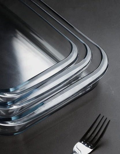 Stack of three Fenix rectangular tempered glass baking dishes for oven and cooking
