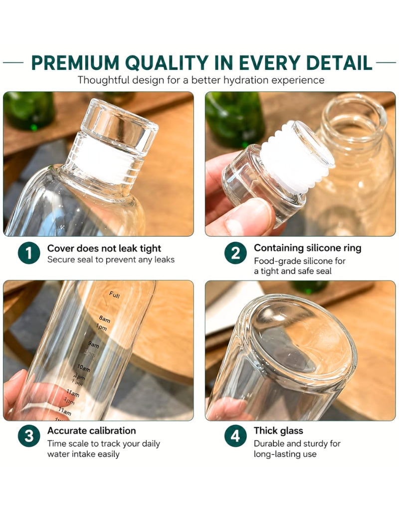 Borosilicate Glass Water Bottle (500 ML) – Leakproof & Airtight with Time Marker, Fridge Bottle for Daily Use
