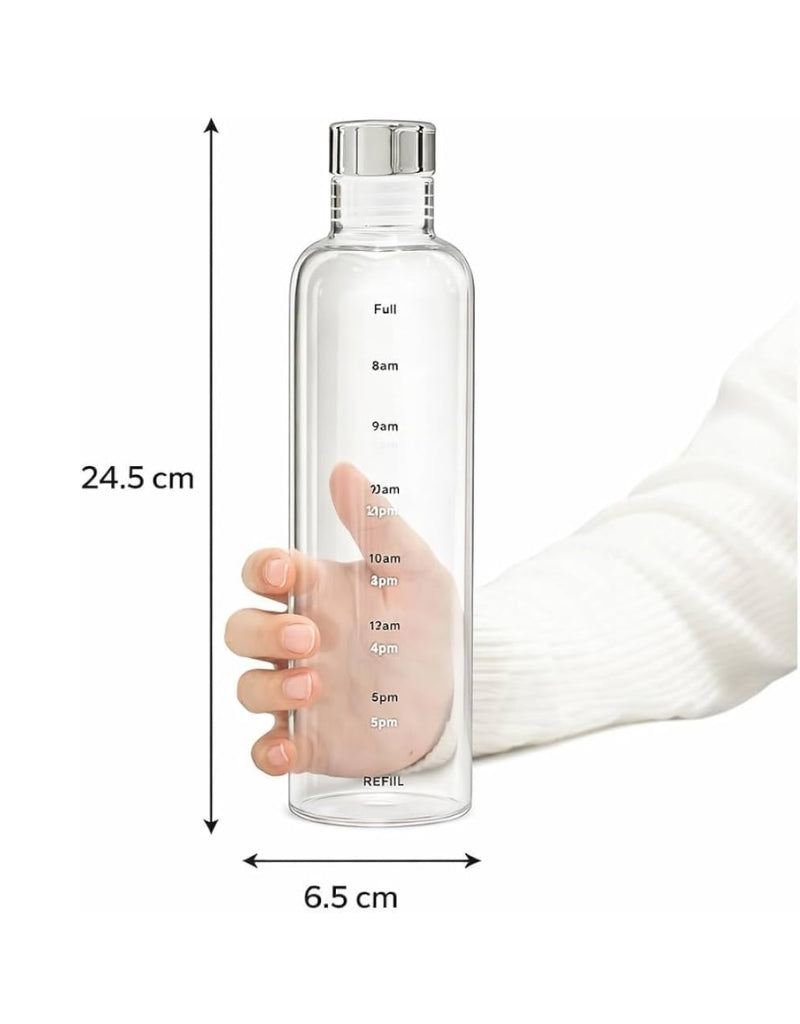 Borosilicate Glass Water Bottle (500 ML) – Leakproof & Airtight with Time Marker, Fridge Bottle for Daily Use