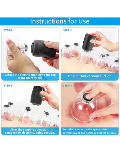 Electric Cupping Massager Vacuum Suction One-Button Release With 6 Therapy Cups & Muscle Massage Oil