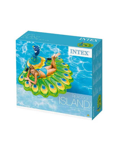 Retail packaging of Intex 57250 inflatable peacock pool lounger mat showing product design