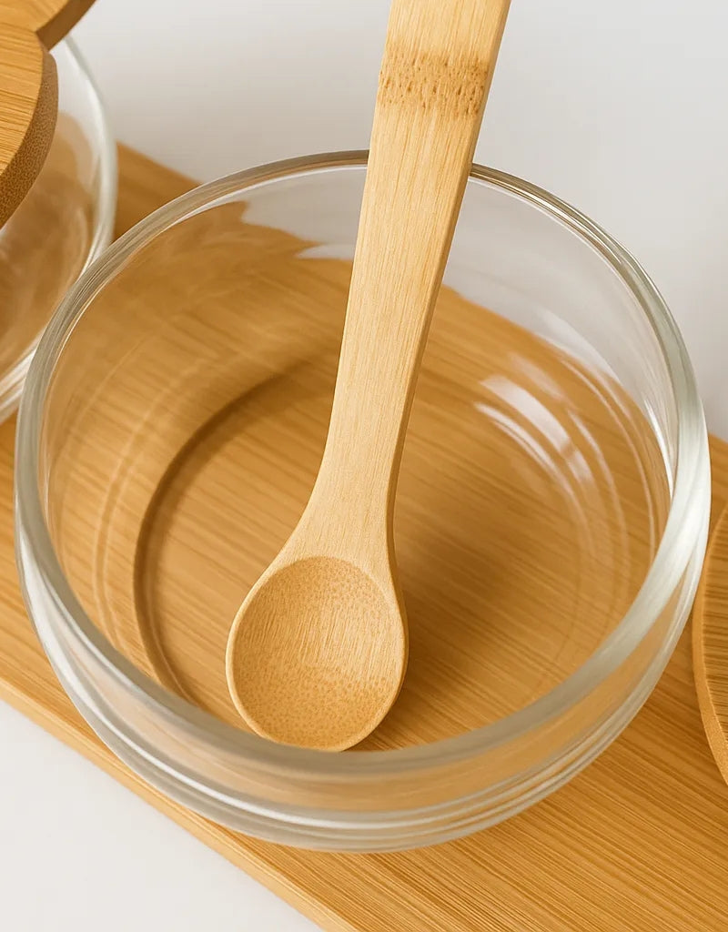 Set of 3 Round Glass and Bamboo Spice Jars
