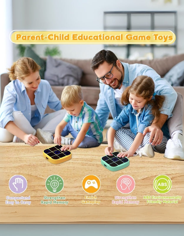 Family playing parent-child educational 4-in-1 Tic Tac Toe electronic game together