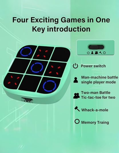 Electronic Tic Tac Toe 4-in-1 game board features power switch, single and two-player modes, whack-a-mole, and memory training.