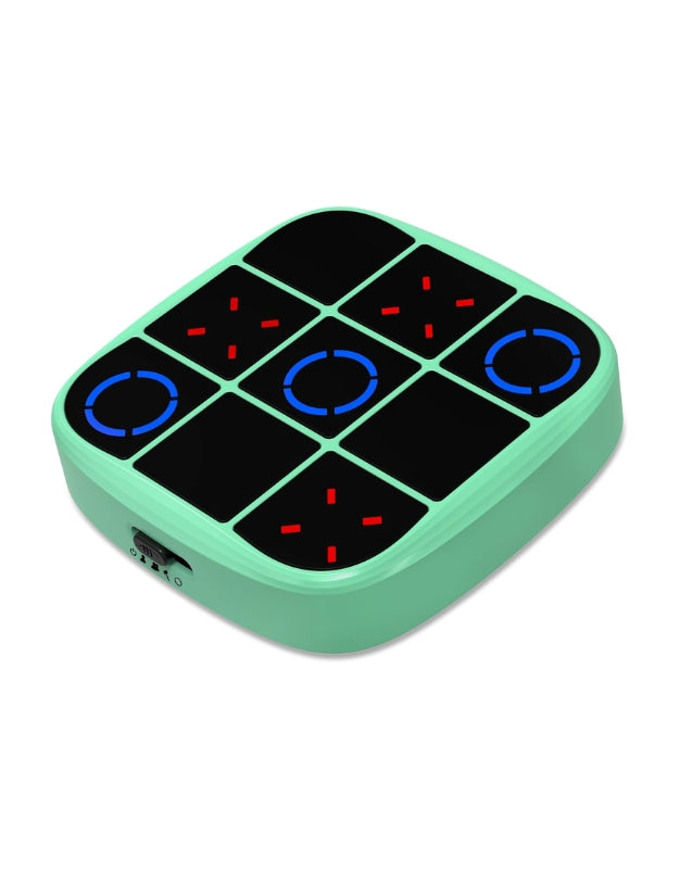 Green 4-in-1 electronic Tic Tac Toe game board with illuminated red and blue light patterns