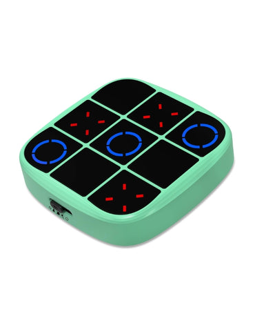 Green 4-in-1 electronic Tic Tac Toe game board with illuminated red and blue light patterns