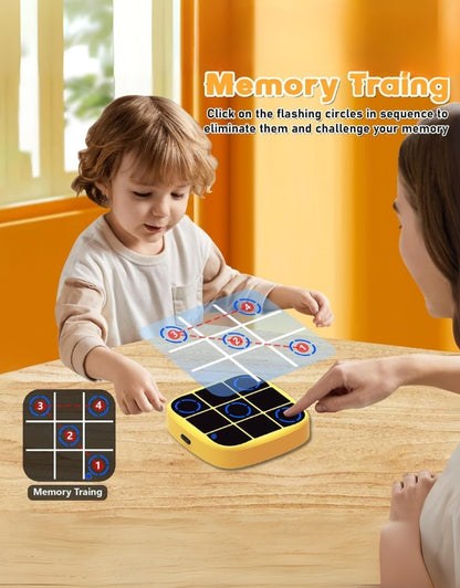 Child playing interactive memory training mode on 4-in-1 electronic Tic Tac Toe game.
