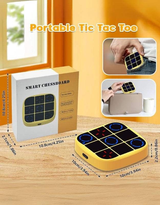Portable smart Tic Tac Toe electronic game board with box and compact size display.