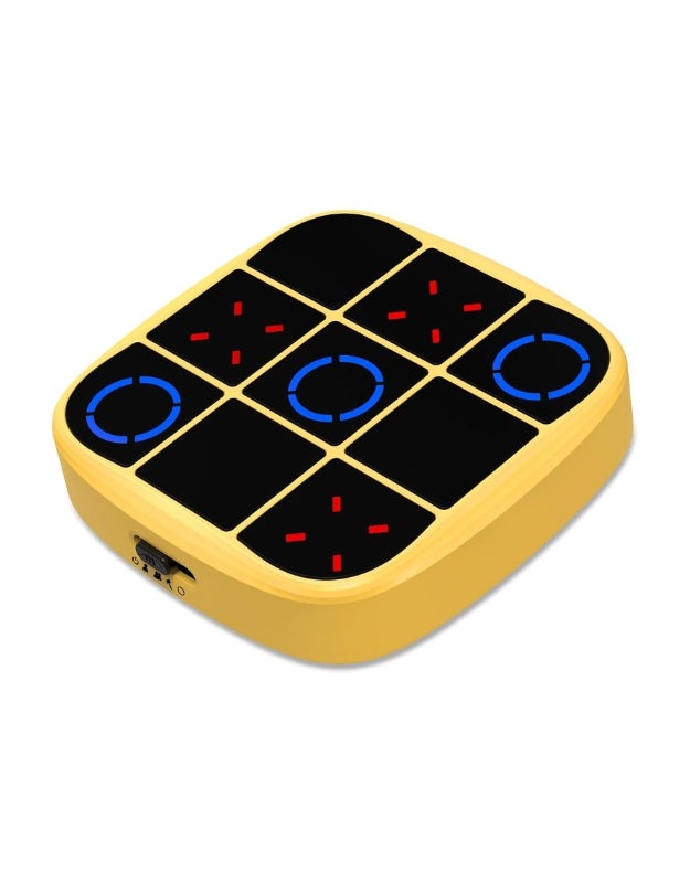 Yellow 4-in-1 electronic Tic Tac Toe game board with light-up interactive grid for kids and adults.