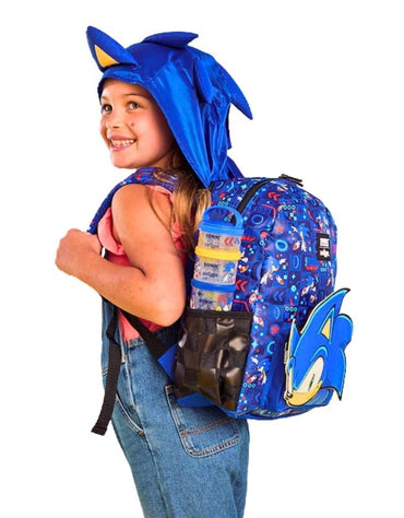 Side view of Smiggle Sonic The Hedgehog junior hoodie backpack with blue Sonic hood.