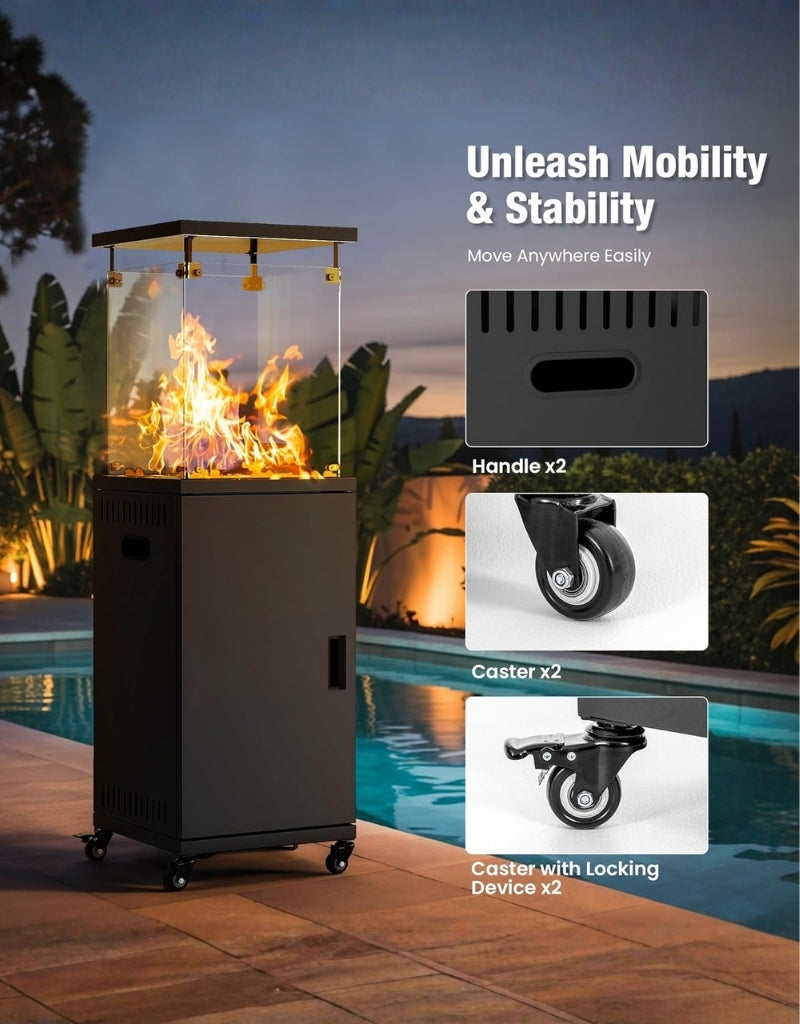 Black Stainless Steel Standing Propane Patio Heater with Wheels for Winter Gardens