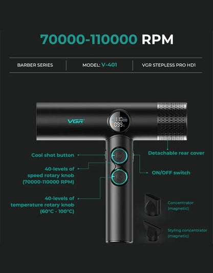 𝗩𝗚𝗥 Hair Dryers Professional Air Blower 110000 RPM Hair Dryer Bldc Motor