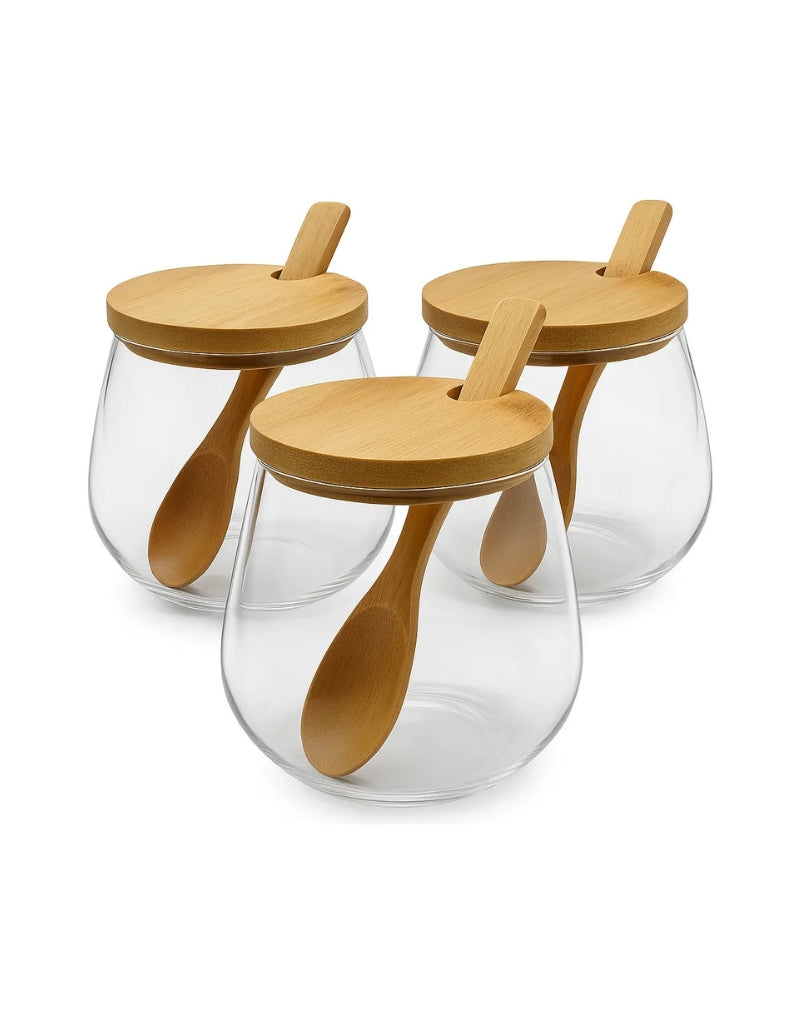 Set of 3 Round Glass and Bamboo Spice Jars