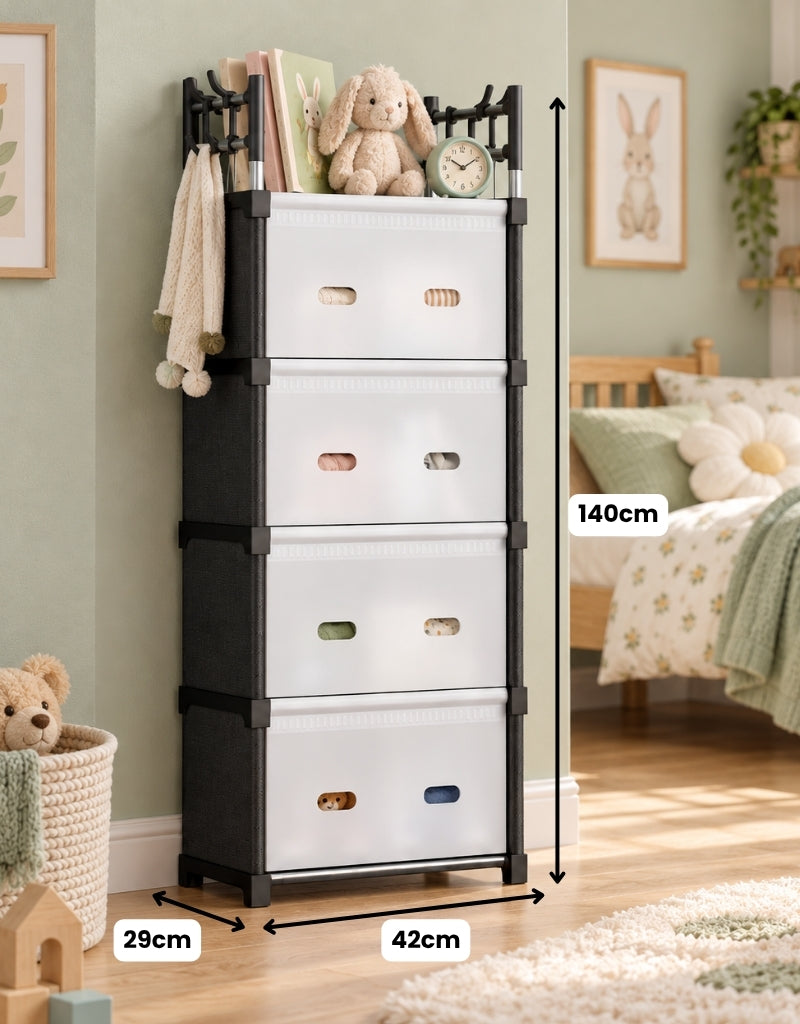 4 Tier Plastic Storage Cabinet Multipurpose Organizer For Clothes & Books Shelf with Doors PP Plastic with Steel Rods