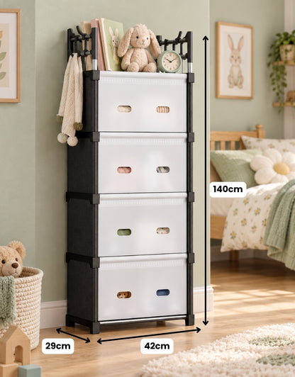 4 Tier Plastic Storage Cabinet Multipurpose Organizer For Clothes & Books Shelf with Doors PP Plastic with Steel Rods