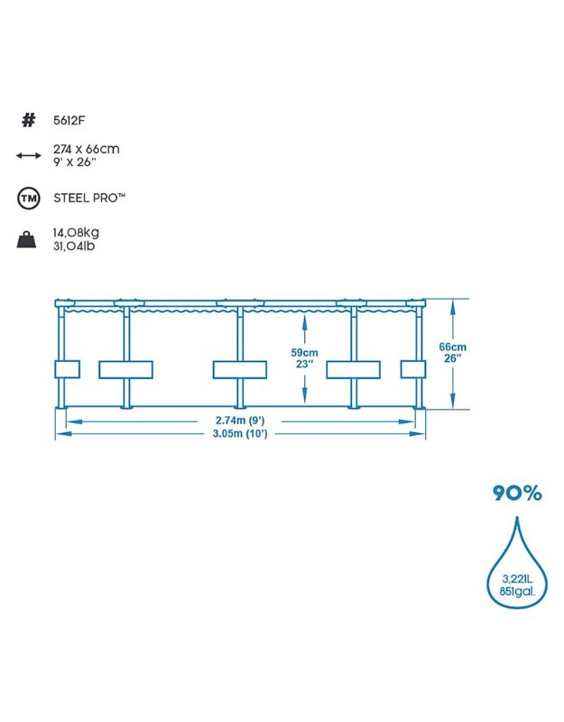 Technical drawing with dimensions and water capacity of Bestway Steel Pro Jungle 305x66cm pool (3,221 liters).