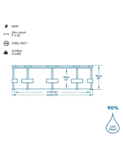 Technical drawing with dimensions and water capacity of Bestway Steel Pro Jungle 305x66cm pool (3,221 liters).
