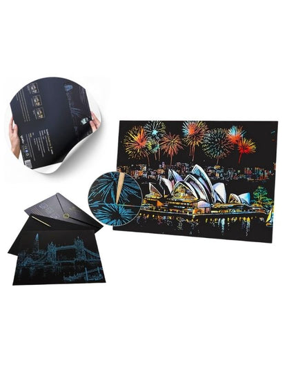 A3 Set Magic Scratch Art Light the City Painting With Bamboo Stick