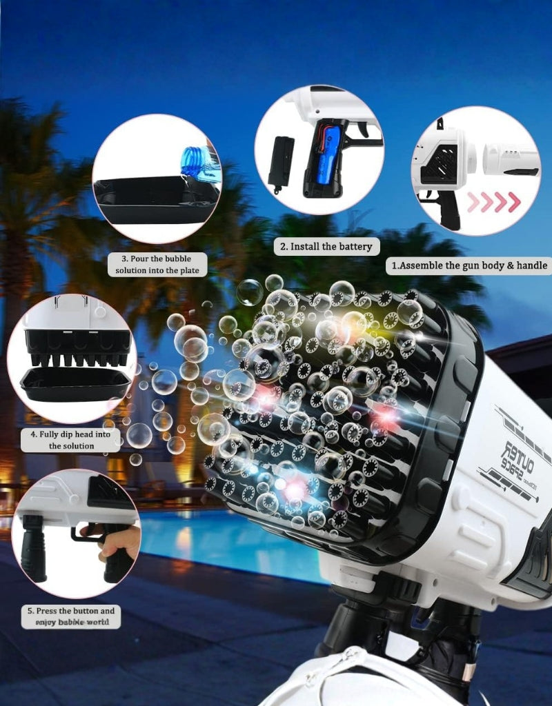 Step-by-step guide for using the 64 Hole Rocket Launcher Bubble Machine Gun with battery and bubble solution