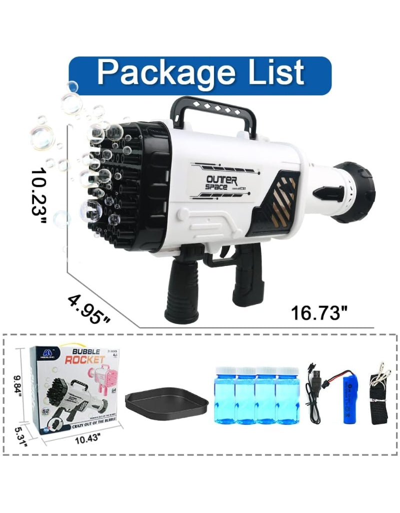 64 Hole Rocket Launcher Bubble Machine Gun package with dimensions, accessories, and refills