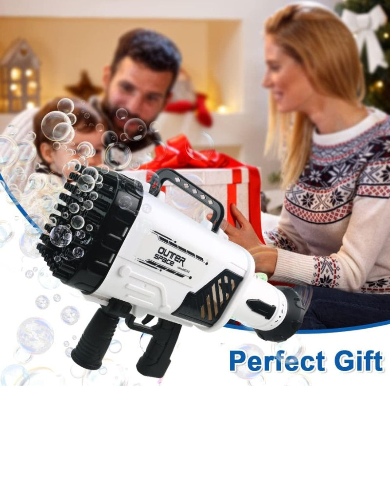 Family unboxing 64 Hole Rocket Launcher Bubble Machine Gun as a perfect holiday gift