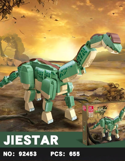 Jie Star Brontosaurus dinosaur block toy in a prehistoric landscape background