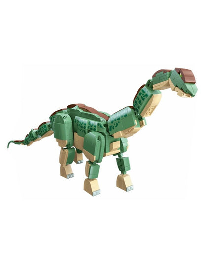 Assembled Jie Star Brontosaurus building toy made of green and beige blocks