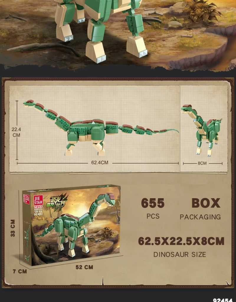 Jie Star Dinosaur World Brontosaurus set showing size dimensions and package details