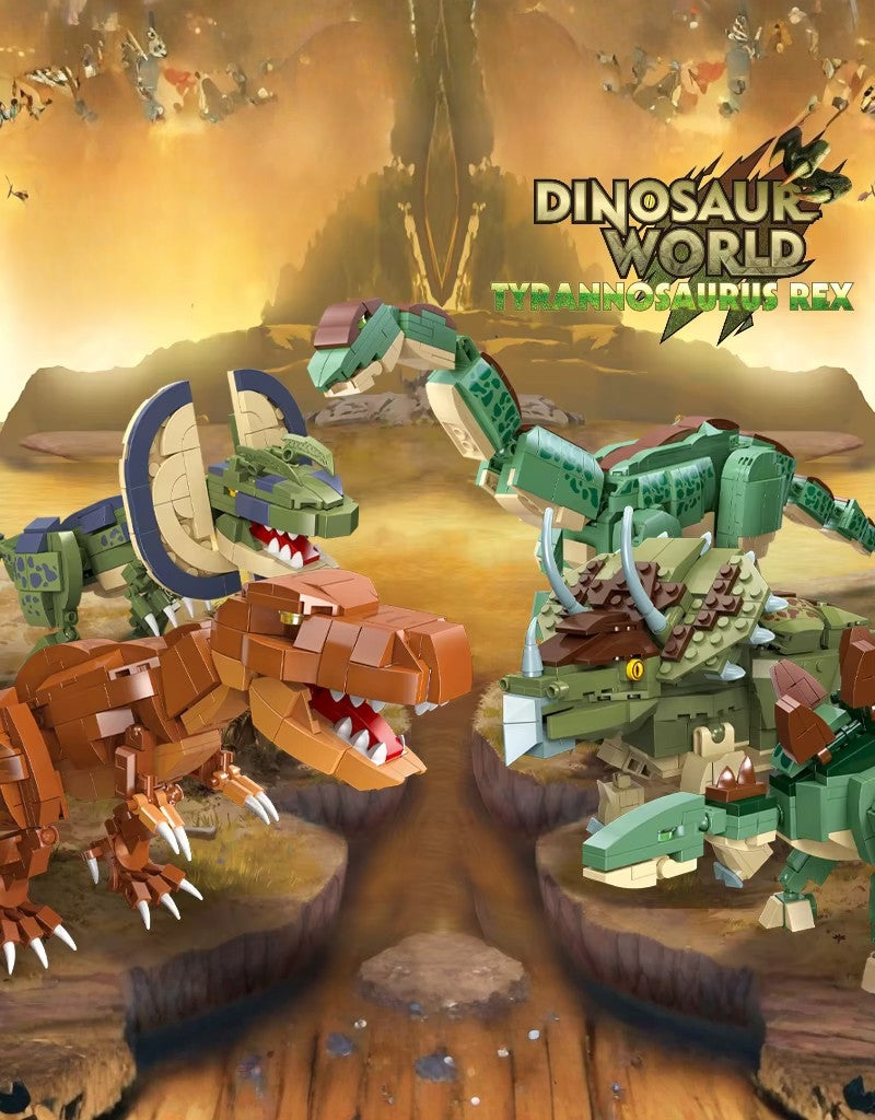 Dinosaur World collection featuring multiple Jie Star dinosaur building sets