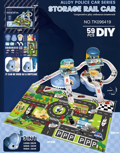 New Arrival 59PCS Kids 3 in 1 Dinosaur Storage Suitcase Garage Parking