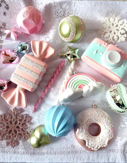 58PCS Christmas Ball Decoration Set Macaroon Shiny Snowflake Christmas Painted Balls